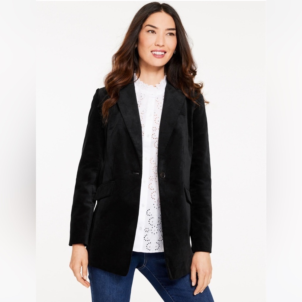 Talbots Black Velveteen Blazer Jacket 8P Career Office Holiday One Button